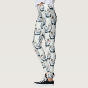 Swan Birds Pattern Design on White  Leggings