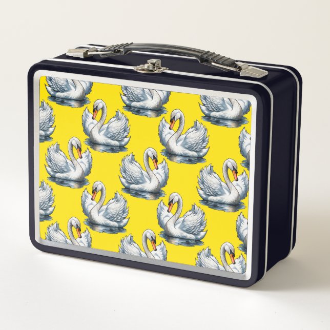Swan Birds Pattern Design On Yellow  Metal Lunch Box (Front)