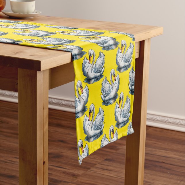 Swan Birds Pattern Design On Yellow  Short Table Runner (In Situ)