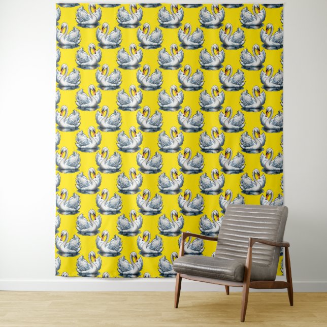 Swan Birds Pattern Design On Yellow  Tapestry (In Situ)