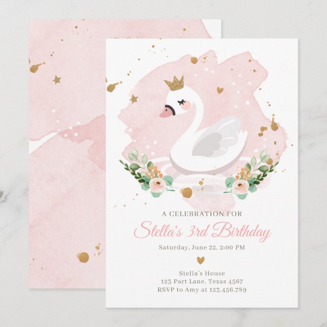 Swan Birthday Invitation Girl Princess Pink Gold (Front/Back)