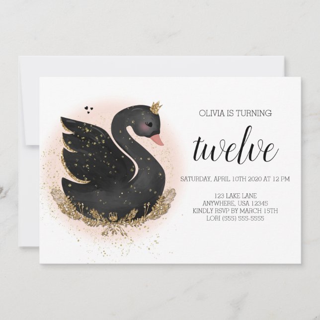 Swan Birthday Party Invitation |  Black and Gold (Front)