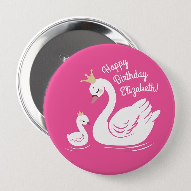 Swan Birthday Party Pink 10 Cm Round Badge (Front & Back)
