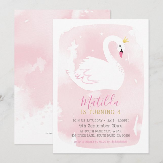 SWAN BIRTHDAY PARTY pretty elegant gold pale pink Invitation (Front/Back)