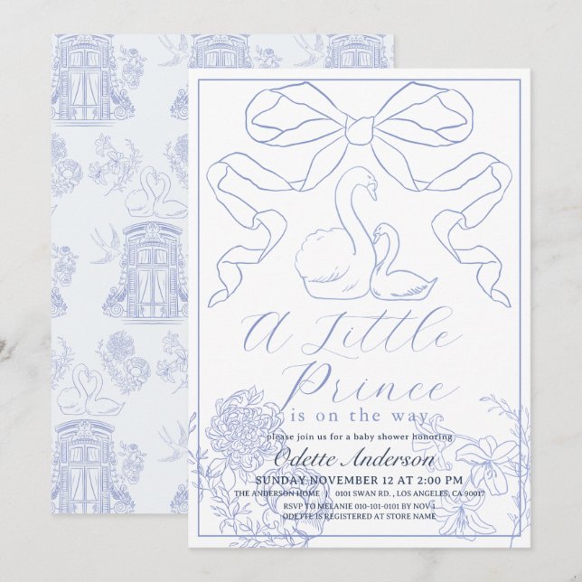 Swan Blue Toile de Jouy Boy Baby Shower Invitation (Front/Back)