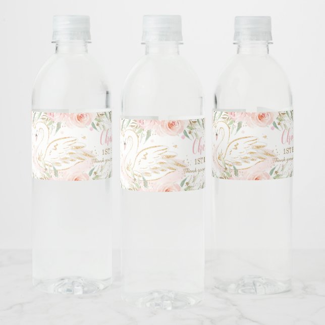Swan Blush Floral Baby Shower Birthday Party  Water Bottle Label (Bottles)