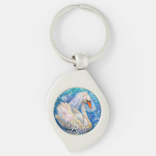 Swan Bride w/Veil on Water Blue White Personalised Key Ring