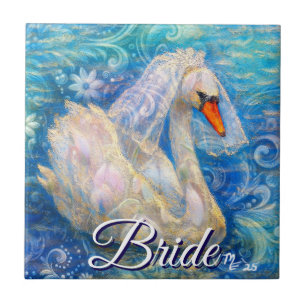 Swan Bride w/Veil on Water Blue White Personalised Tile