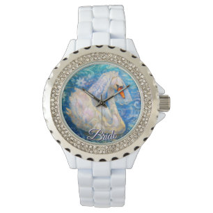 Swan Bride w/Veil on Water Blue White Personalised Watch