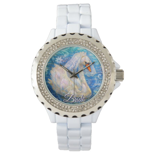 Swan Bride w/Veil on Water Blue White Personalised Watch (Front)