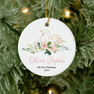 Swan Christmas Ornament, Pink and Gold Swan Ceramic Tree Decoration