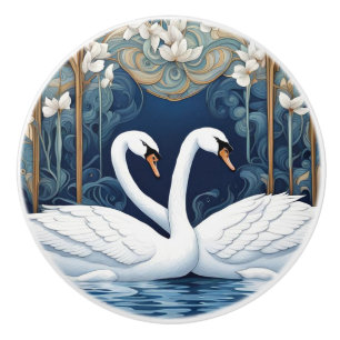 Swan Couple Art Nouveau Bird Art Deco Blue Ceramic Knob