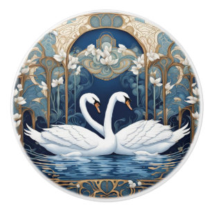 Swan Couple Art Nouveau Bird Art Deco Blue Ceramic Knob