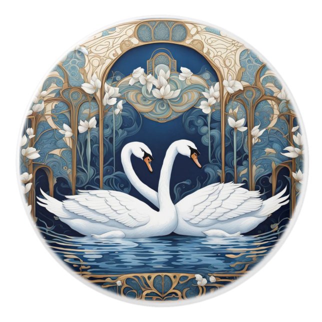 Swan Couple Art Nouveau Bird Art Deco Blue Ceramic Knob (Front)