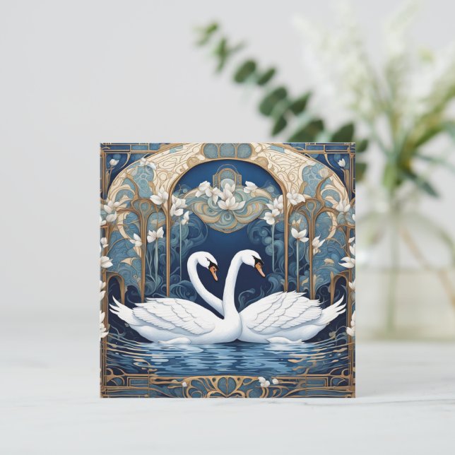 Swan Couple Art Nouveau Bird Art Deco Blue Holiday Card (Standing Front)
