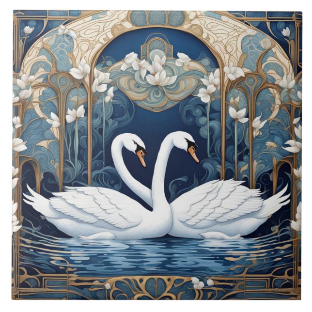 Swan Couple Art Nouveau Bird Art Deco Blue Tile (Front)
