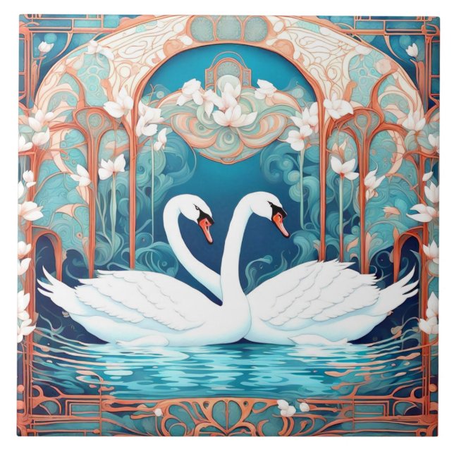 Swan Couple Art Nouveau Bird Turquoise Aqua Blue Tile (Front)