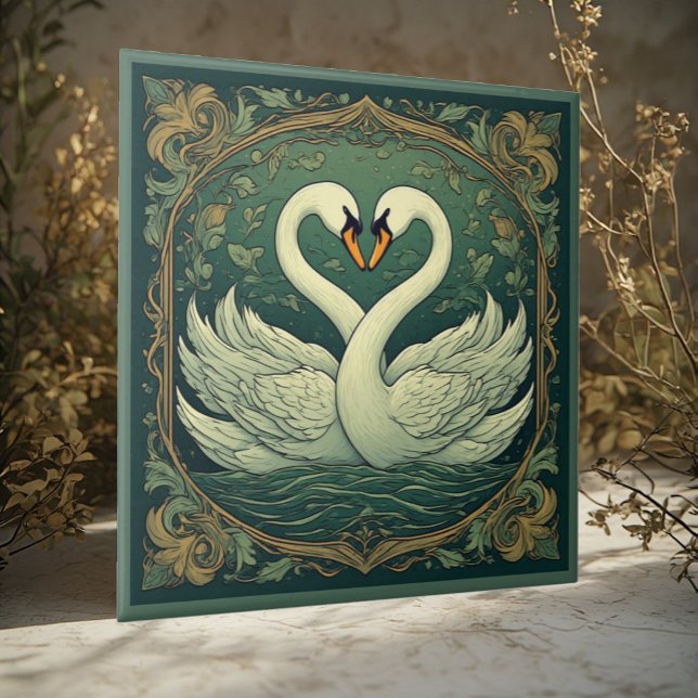 Swan Couple Art Nouveau Forest Green Wall Accent Tile (Swan Couple Art Nouveau Forest Green Wall Accent Ceramic Tile)
