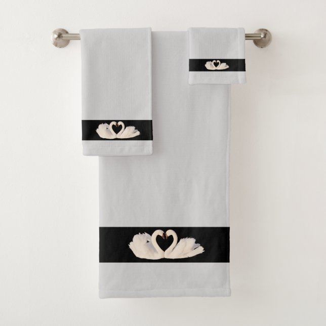 Swan Couple on Black & Light Silver Grey  Bath Towel Set (Insitu)