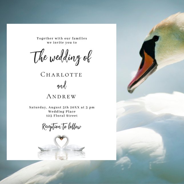 Swan couple white budget wedding invitation flyer (Creator Uploaded)