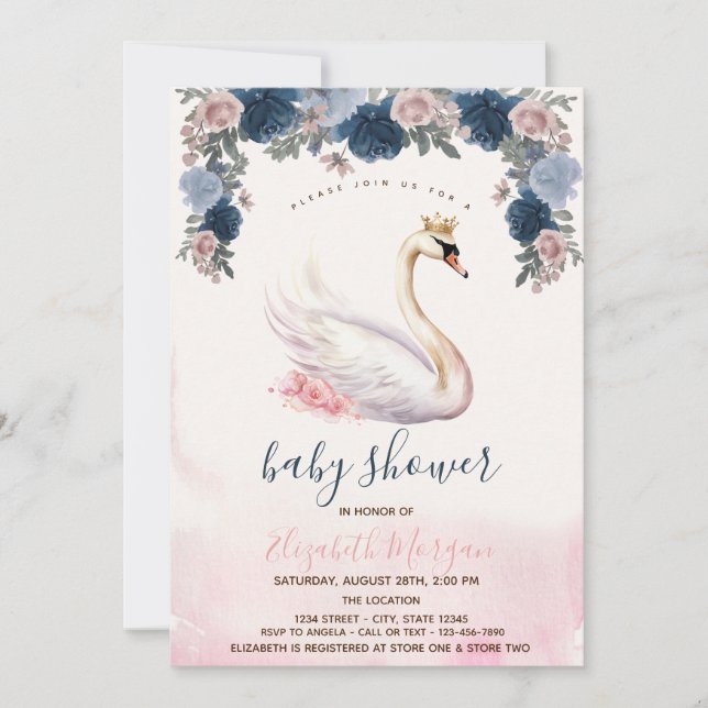  Swan Crown Flowers Pink Stripes Baby Shower  Invitation (Front)