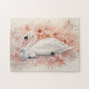 Swan Cygnet and Blush Pink Flowers Jigsaw Puzzle