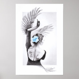Swan dancing woman surreal pencil art Poster