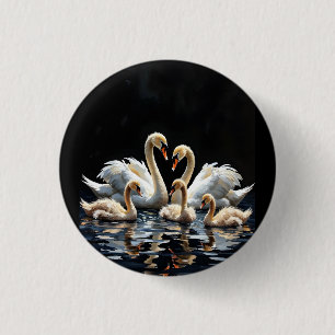 Swan Family on Black Lake Artwork 3 Cm Round Badge