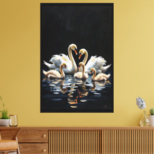 Swan Family on Black Lake Artwork Canvas Print