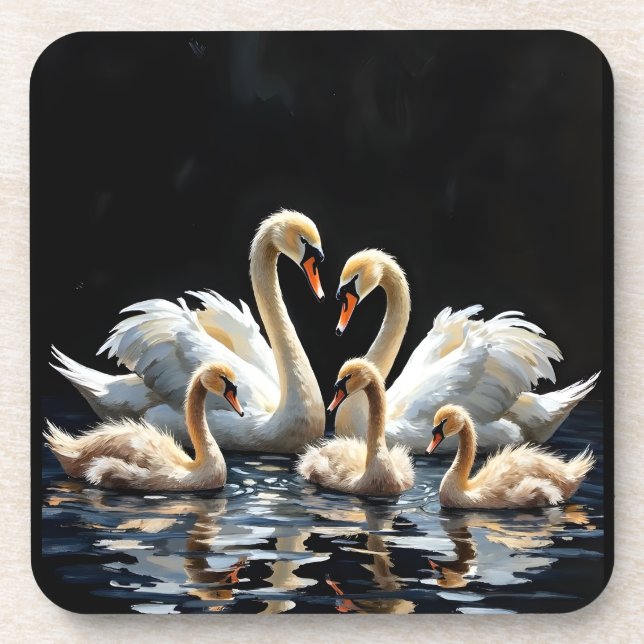 Swan Family on Black Lake Artwork Coaster (Front)