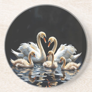 Swan Family on Black Lake Artwork Coaster