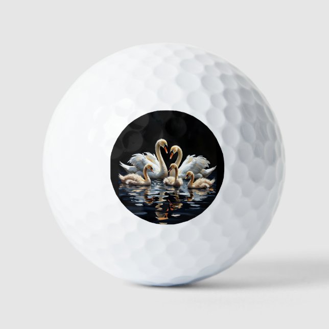 Swan Family on Black Lake Artwork Golf Balls (Front)