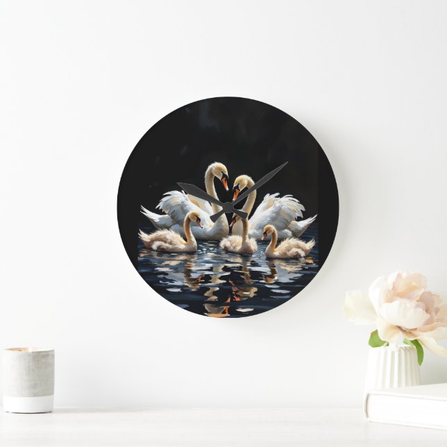 Swan Family on Black Lake Artwork Large Clock (Home)