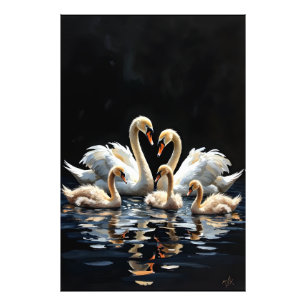 Swan Family on Black Lake Artwork Photo Print