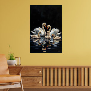 Swan Family on Black Lake Artwork Poster