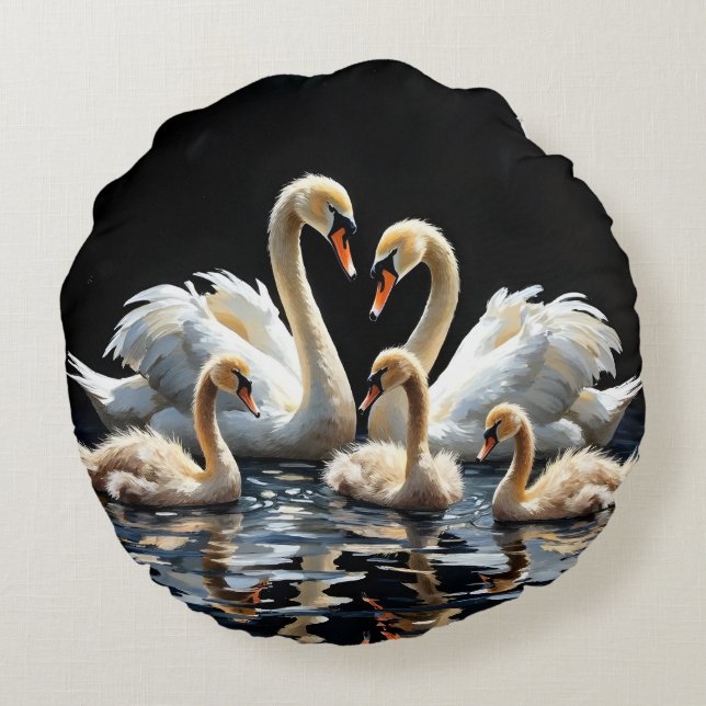 Swan Family on Black Lake Artwork Round Cushion (Back)