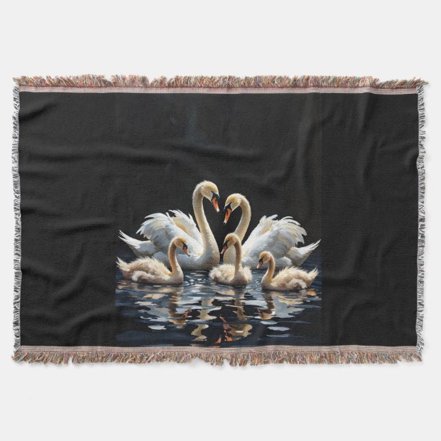 Swan Family on Black Lake Artwork Throw Blanket (Front)