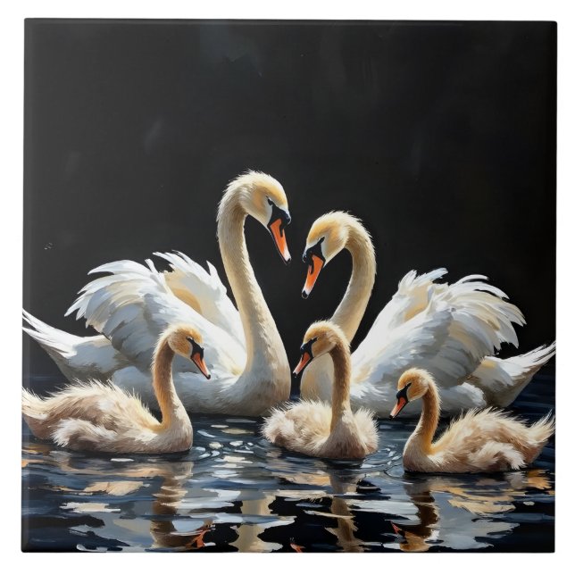 Swan Family on Black Lake Artwork Tile (Front)