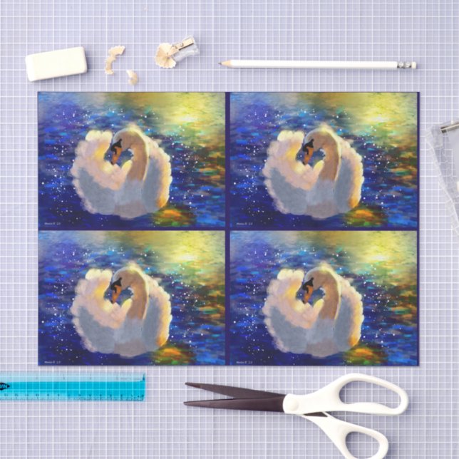 Swan Floating on Sunlit Water Blue White Decoupage Tissue Paper (Craft)