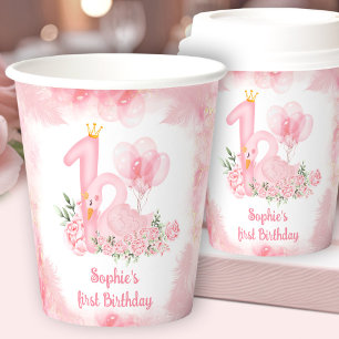 Swan Floral Feather Pink White Girl 1st Birthday Paper Cups