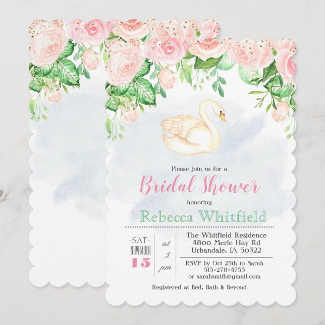 Swan Floral Glitter Bridal Shower Invitation (Front/Back)