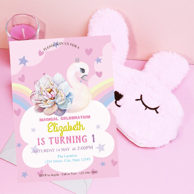 Swan Flower Crown Rainbow Hearts Stars Birthday Invitation (Creator Uploaded)