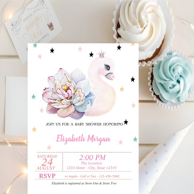 Swan,Flower, Stars, Princess  Baby Shower Invitation (Creator Uploaded)