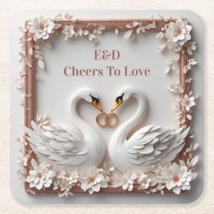 🕊️ Swan Heart Floral Frame Wedding Collection 🕊️ Square Paper Coaster
