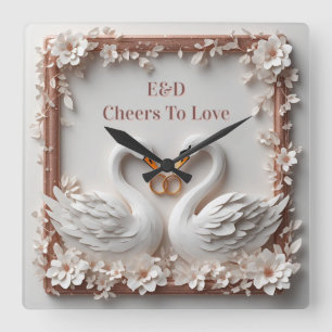 🕊️ Swan Heart Floral Frame Wedding Collection 🕊️ Square Wall Clock