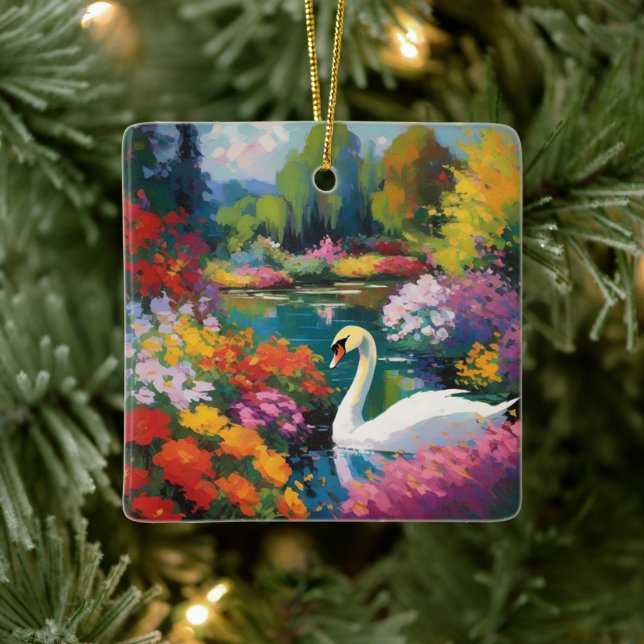 Swan in a Lake Surrounded by Flowers Ceramic Ornament (Tree)