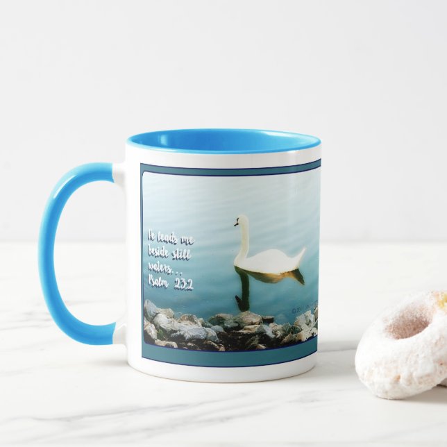 Swan in Lake Psalm 23:2 11 Blue Mug (With Donut)