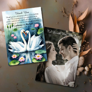 Swan In Love Watercolor Lotus Pond Wedding Thank You Card