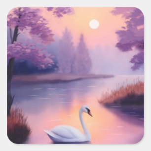 swan in the pond during sunset square sticker