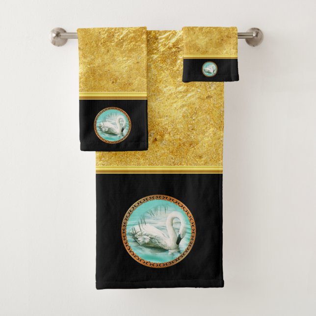 Swan in turquoise water with Gold and black design Bath Towel Set (Insitu)